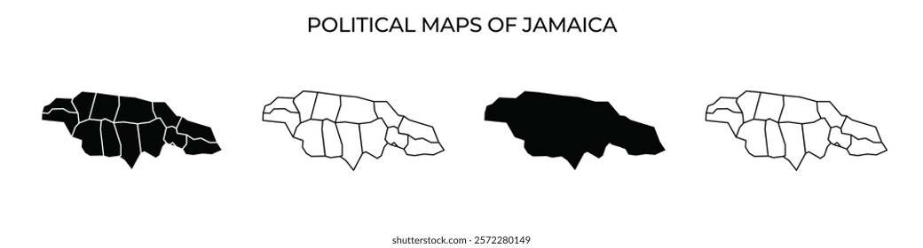 Several political maps of Jamaica are displayed, illustrating various regional divisions and styles. Each map highlights boundaries and areas within the island.