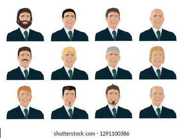 Several portraits of men smiling, in suit tie, styles, ages of different hair colors