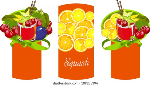 Several posters with the image of fruit and berry fruit cups with soft drinks