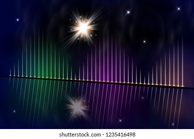 Several projectors in the dark. White spotlight strike through the darkness. Glow light effect. Star burst with sparkles. Vector illustration.