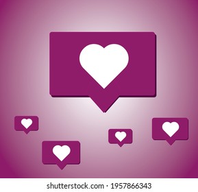 Several purple balloons with white hearts that indicate that you like something on social networks.