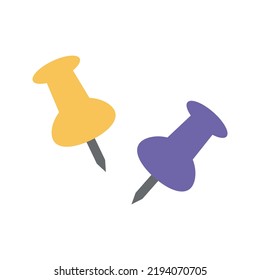 Several Push Pins Illustration. School Supply Flat Design. Office Element - Stationery And School Supply. Back To School. Yellow Purple Pushpins For Notes Icon.