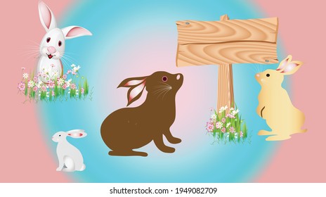 Several rabbits on a nice colored background.