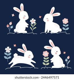 Several rabbits in various poses. Cute spring easter rabbit and floral elements design. Vector illustration for kids.