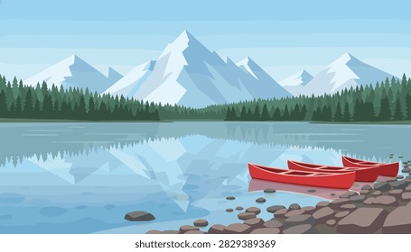 Several red canoes sit on a stony lakeshore reflecting the towering white mountains and evergreen forests in the calm water.
