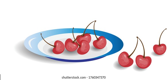 Varias cerezas rojas maduras sobre un plato y tres bayas cerca. Dibujo de vectores para diseño.