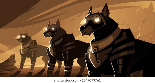 Several robot dogs - menacing ancient egyptian dobermans with glowing eyes