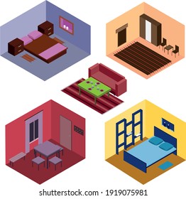 varias habitaciones de estilo isométrico con colores diferentes