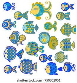 Several round fish with blue and yellow on a white background