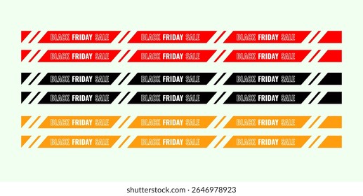 Várias fileiras de banners Black Friday Sale em vermelho, preto e amarelo, com listras diagonais.