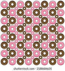 Several rows of pink and brown doughnuts in two different sizes