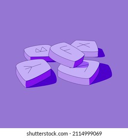 Several runes lie on a purple background. Vector illustration in a flat cartoon style