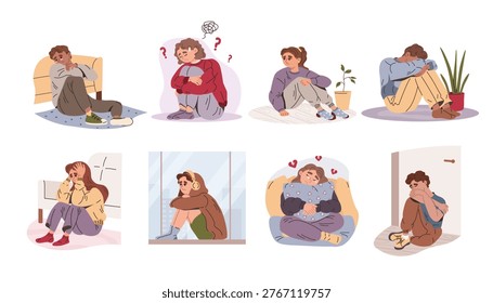 Several sad people sitting in various poses, cartoon style, on white background, concept of depression disorder and emotion sadness. Vector illustration