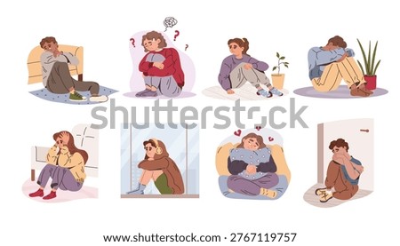 Several sad people sitting in various poses, cartoon style, on white background, concept of depression disorder and emotion sadness. Vector illustration