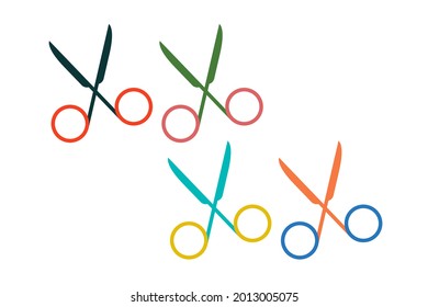 several scissors of different colors on a white background