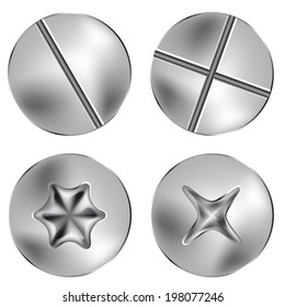 several screw and thumbtack heads, vector illustration