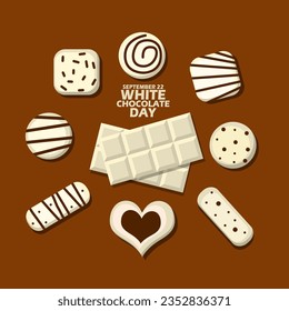 Several shapes of sweet white chocolate snacks with bold text on brown background to celebrate National White Chocolate Day on September 22