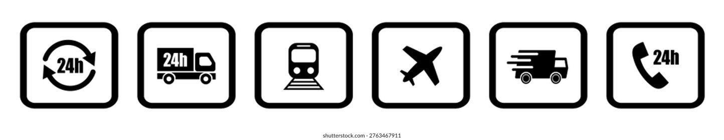 Several signs represent different 24-hour services. These include truck delivery, train services, airplane travel, and customer service options available at all times.