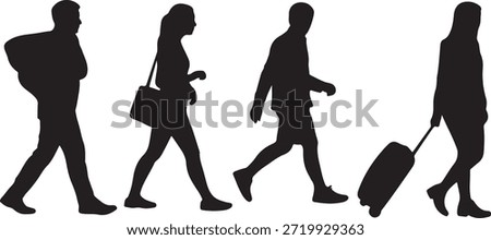 Several silhouetted persons walk towards the right, carrying luggage. Each figure has a different bag or suitcase, suggesting they could be traveling together, transparent background.