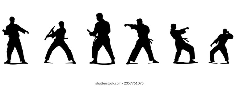 Several silhouettes of a person doing karate, white background, black and white, flat 2d vector.