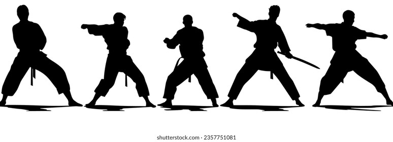 Several silhouettes of a person doing karate, white background, black and white, flat 2d vector.