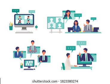 Several situations of telecommuting work in the new normal lifestyles. Flat design vector illustration of teleworking people. Concept for teleworking.