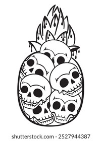 Several skulls placed inside a pineapple.