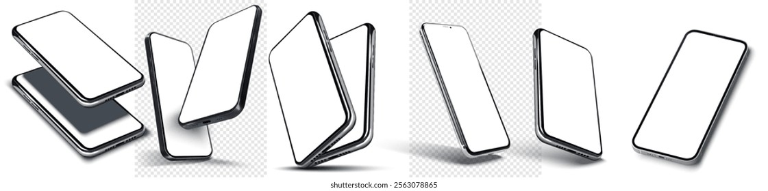 Several sleek smartphones are displayed in various dynamic angles against a white background. The clean lines and reflective surfaces emphasize modern design and technological innovation. Vector