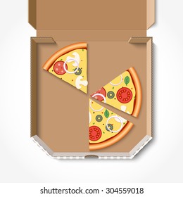 Several slices of pizza in a cardboard box