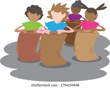 
several small children were participating in a sack race which was held at an independence celebration party