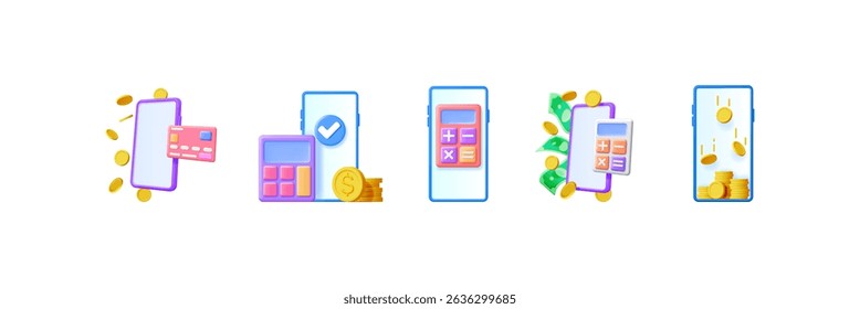 Several smartphones demonstrate mobile finance and accounting. Online payment and money transfer, financial planning via application concept.