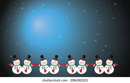 several snowman in an abstract moon night background