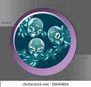 Several space aliens looking through the porthole ship.