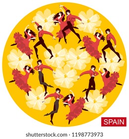 Several spanish couples in national costumes dancing flamenco on a round yellow background in the vector.  