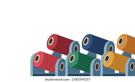 Several spools of vibrant colored thread are mounted on metallic industrial brackets shown in a close up perspective against a clean white background in digital vector style.