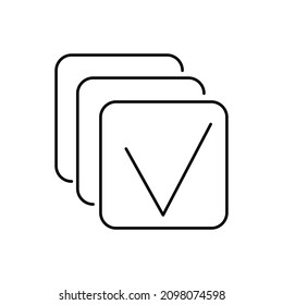 Several square boxes with a check mark inside. Simple outline black and white vector icon with thin lines. Editable line thickness
