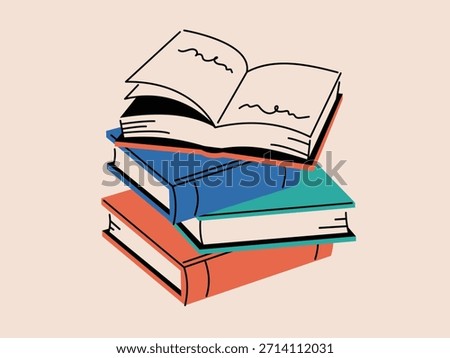 Several stacked books and an open book