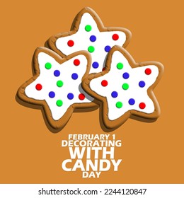 Several star-shaped cookies decorated with colorful candy with bold text on light brown background to celebrate Decorating with Candy Day on February 1