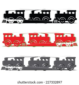 several steam colorful locomotives on white background.