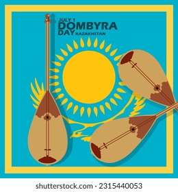 Several stringed musical instruments named Dombyra with the Kazakh flag and bold text in frame to commemorate Dombyra Day on July 1 in Kazakhstan