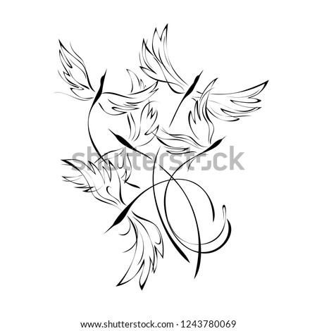 several stylized birds in flight in black lines on white background