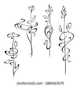 varias flores estilizadas sobre tallos altos con hojas y adorno decorativo con líneas negras sobre un fondo blanco. establecer