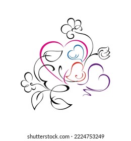 several stylized hearts with flowers, leaves and swirls. graphic decor