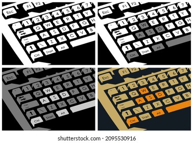 Several stylized illustrations of a mechanical retro keyboard close up