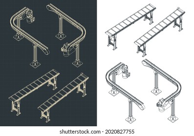 Several stylized vector illustration of isometric drawings of automated conveyor lines