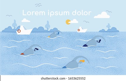 Several Swimmer in Sea or Ocean Illustration. Swimming Marathon. Summertime. Ships Drifting on Backdrop. Vector Cartoon Sportsman Characters. Muscular Young Men Swim Butterfly. Flat Poster