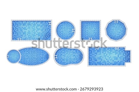 Several swimming pool shapes are shown from a top view, offering various design options for summer leisure and relaxation