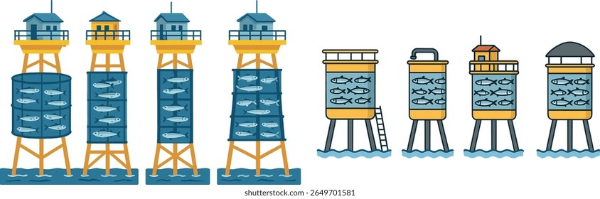Several tall fish farm structures stand over calm waters, displaying tanks filled with fish. Bright sunlight illuminates the coastal scene, highlighting the farming activity and technology.