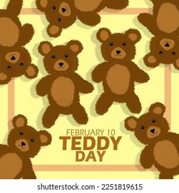 Several teddy bears with bold text and frame on a light yellow background to commemorate Teddy Day on February 10