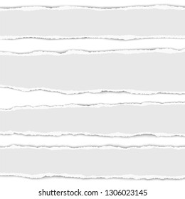 Several torn paper stripes with shadow placed on white background. Vector realistic ripped paper pieces.